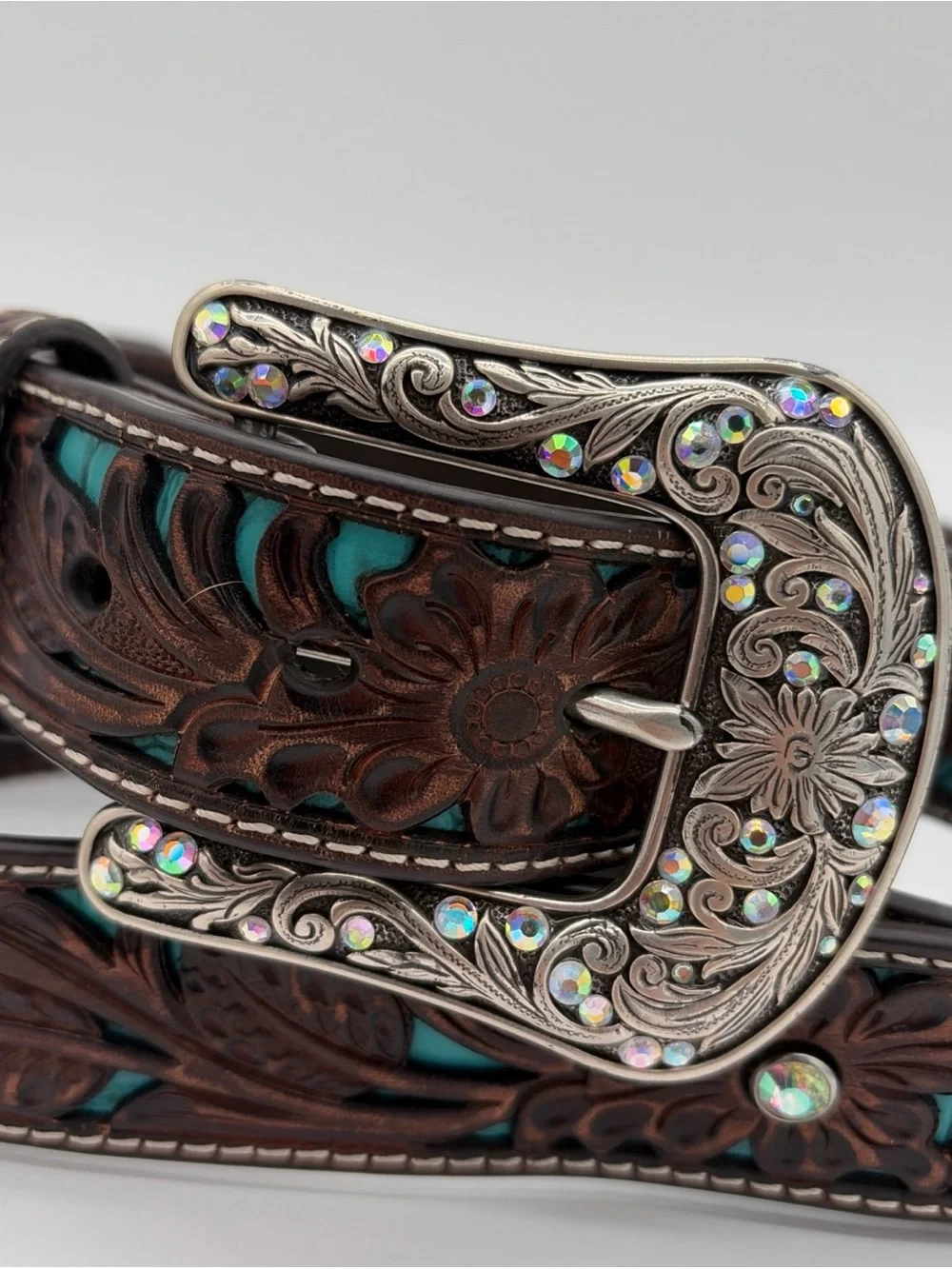 ARIAT Tooled Leather Turquoise Inlay WESTERN Brown Floral Belt Coastal Cowgirl